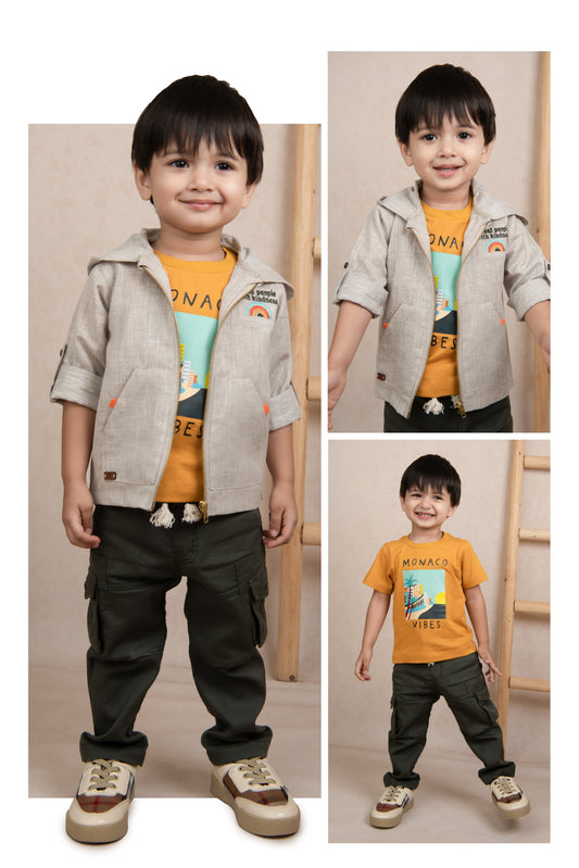 Beige Fashionable and Trendy Linen Blend Zippered Full Sleeves Shirt with Hoodie, Trousers, Tshirt and Belt Set