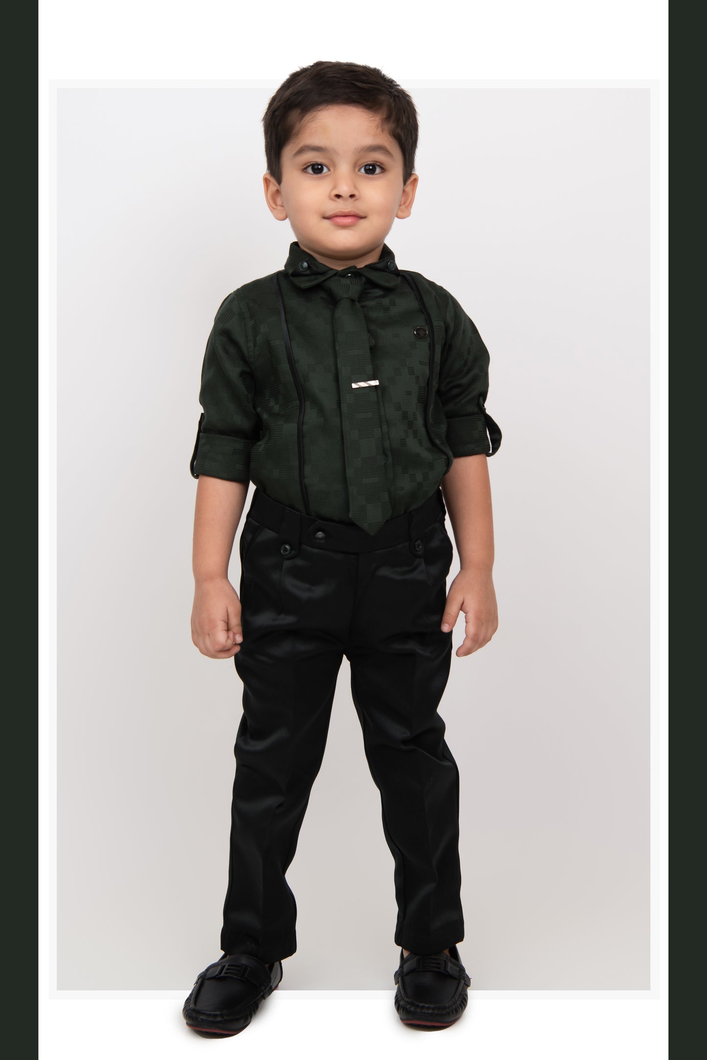 Olive Debonair Structured Formal Full Sleeves Shirt Pant Tie Set