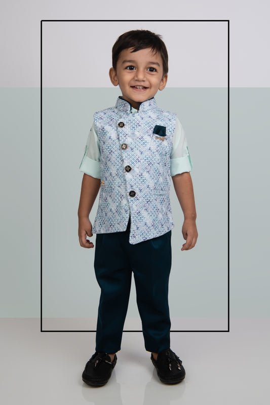 Charming Formal and Traditional Embellished Nehru Jacket Set for Boys- Green