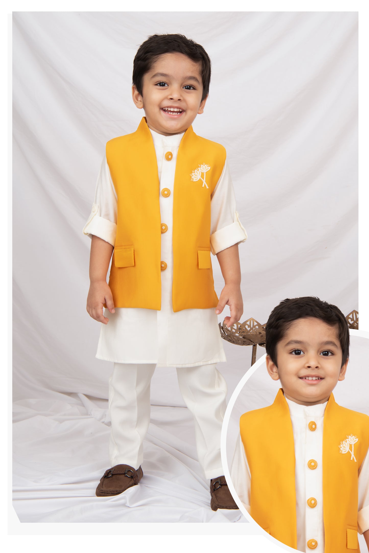 Little Collars Boys Festive Haldi Floral Motif Ethnic Nehru Jacket Kurta Pajama Set - Mustard
