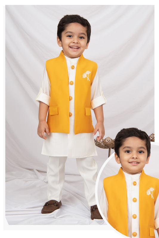 Little Collars Boys Festive Haldi Floral Motif Ethnic Nehru Jacket Kurta Pajama Set - Mustard