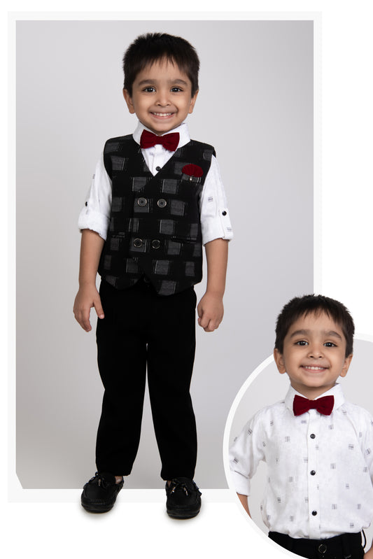 Boys Partywear Checkered Waistcoat Shirt Pant Bow Set- Black