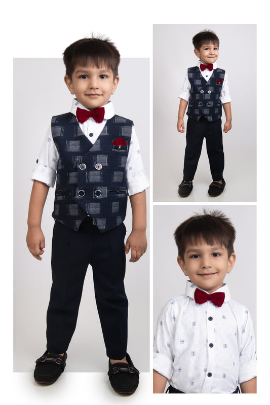 Boys Partywear Checkered Waistcoat Shirt Pant Bow Set- Navy Blue
