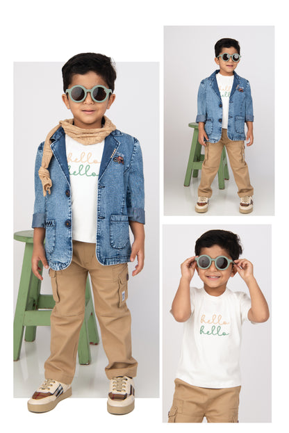 Super Handsome Full Sleeves Denim Coat with Cotton Trousers, Half Sleeves Tshirt and Stole- Khaki