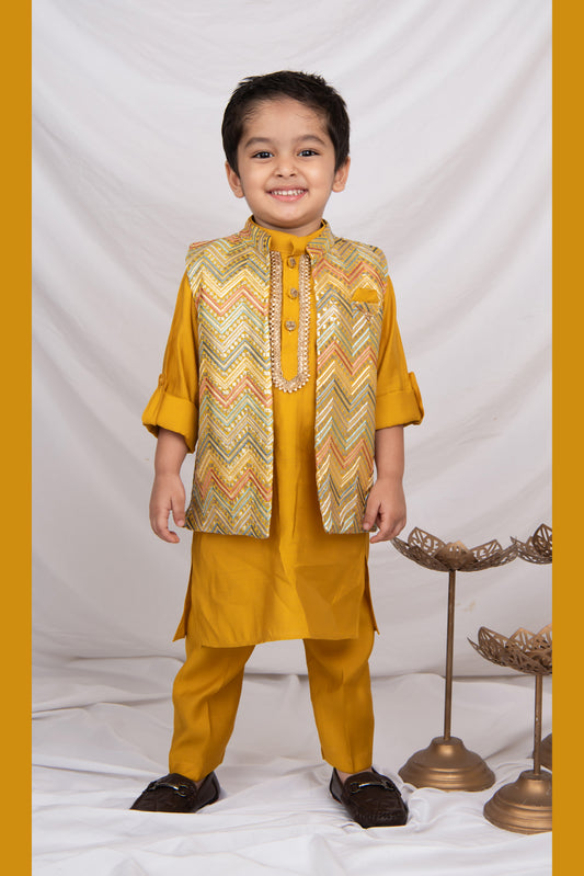 Little Collars Boys Festive Haldi Mustard Heavy Embroidered Ethnic Nehru Jacket Kurta Pajama Set - Mustard
