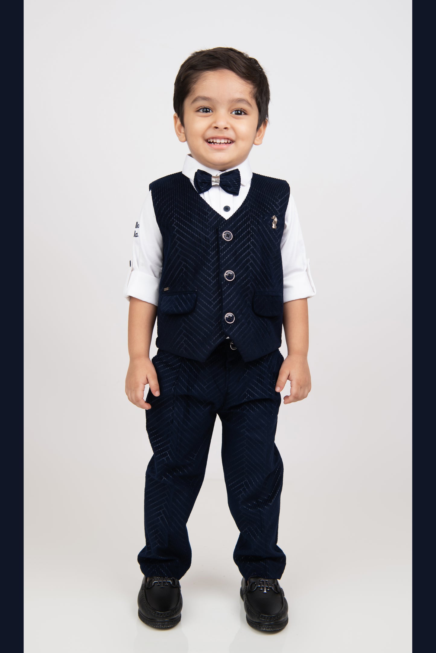 Boys Elegant Velvet Suede Patterened Partywear Jacket Set- Navy