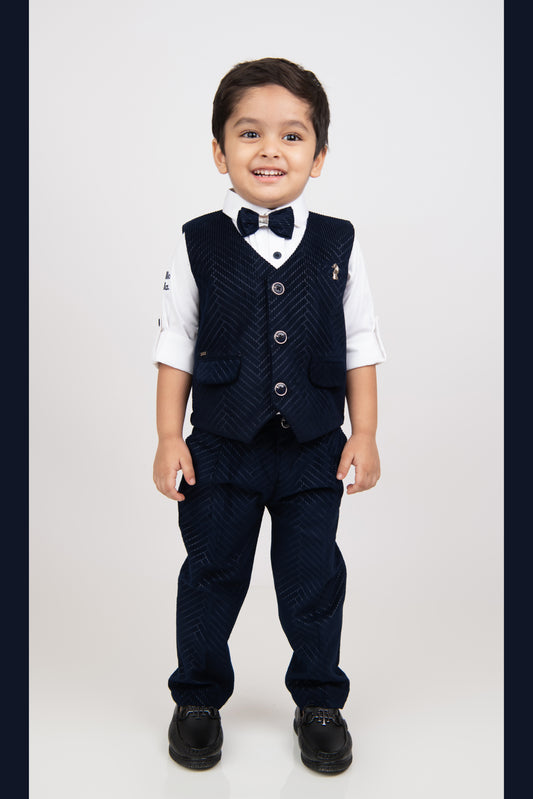 Boys Elegant Velvet Suede Patterened Partywear Jacket Set- Navy