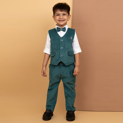 Boys Elegant Velvet Suede Patterened Partywear Jacket Set- Teal