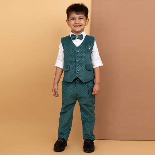 Boys Elegant Velvet Suede Patterened Partywear Jacket Set- Teal