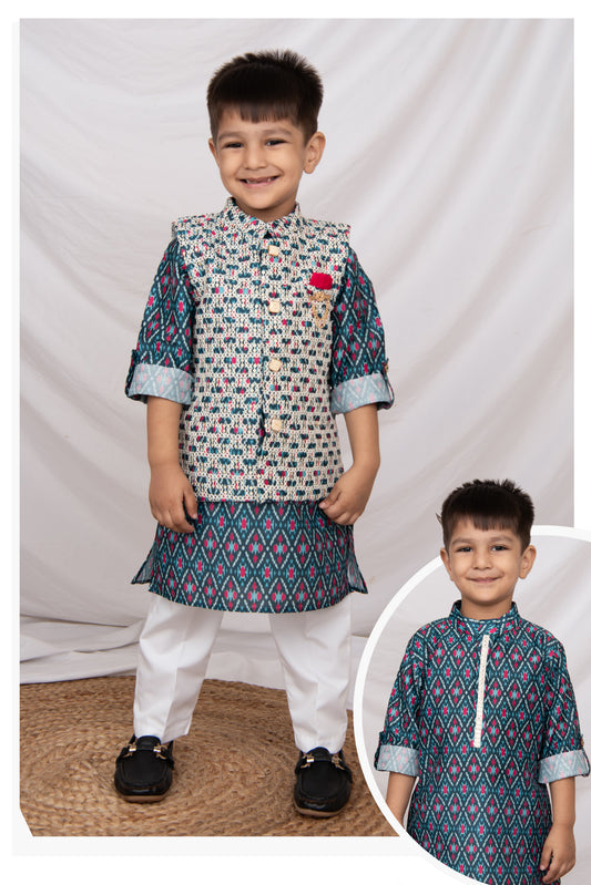 Boys Festive Embroidered Ikat Ethnic Nehru Jacket Kurta Pajama Set - Blue