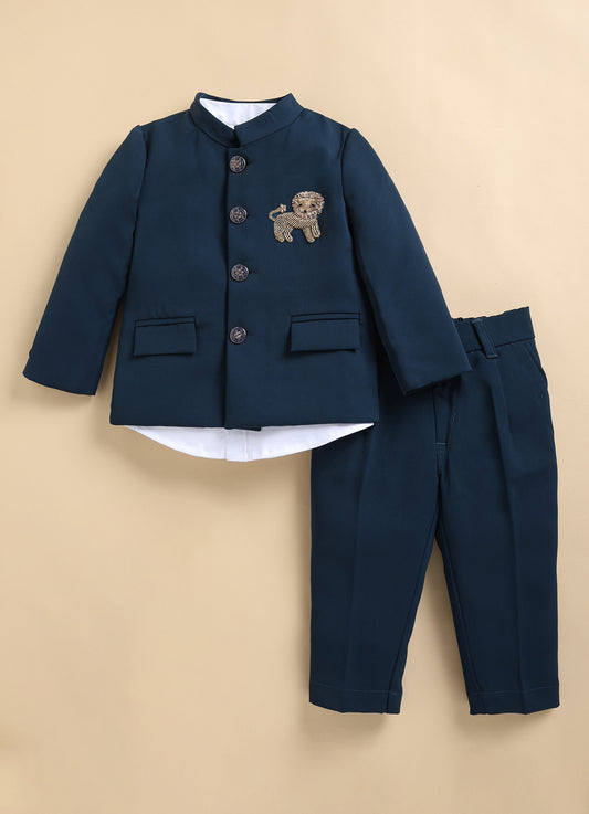 Terry Full Sleeves Lion Embroidered 3 Piece Party Suit Set- P. Blue