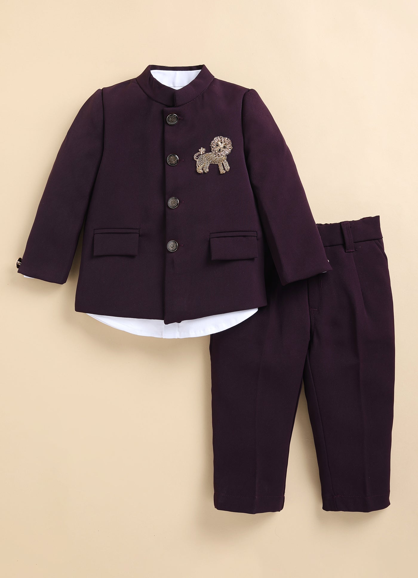 Terry Full Sleeves Lion Embroidered 3 Piece Party Suit Set- Wine