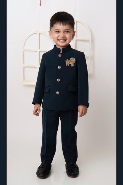  Terry Full SLeeves Lion Embroidered 3 Piece Party Suit Set - Navy Blue