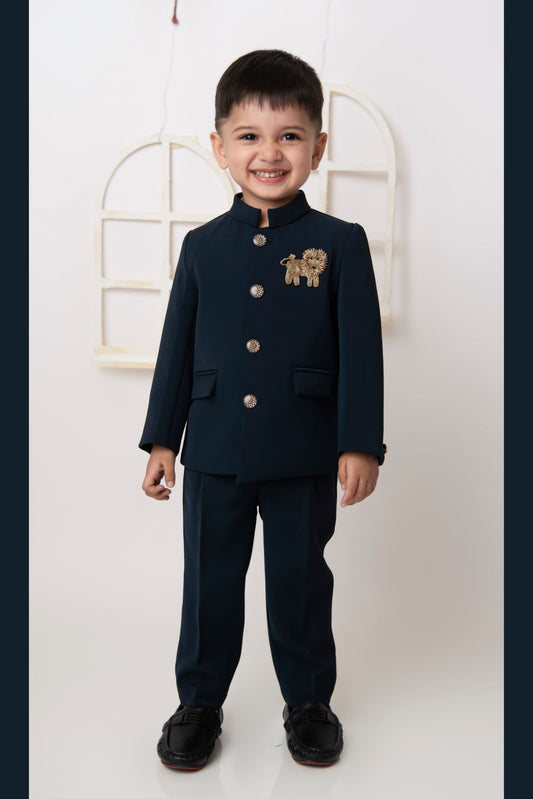  Terry Full SLeeves Lion Embroidered 3 Piece Party Suit Set - Navy Blue