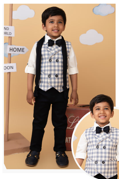Cotton Woven Full Sleeves Checkered Waistcoat and Shirt Pant Set with Stole & Bow - Navy Blue