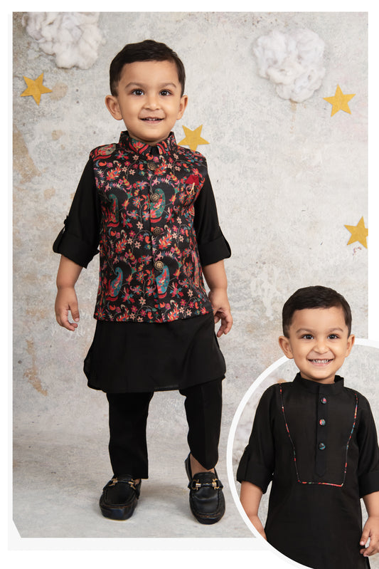 Silk Blended Woven Full Sleeves Floral Printed Nehru Jacket and Solid Kurta Pajama Ethnic Set- Black