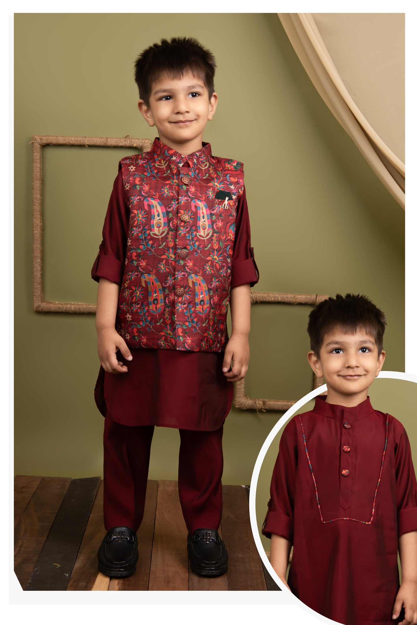 Silk Blended Woven Full Sleeves Floral Printed Nehru Jacket and Solid Kurta Pajama Ethnic Set- Maroon