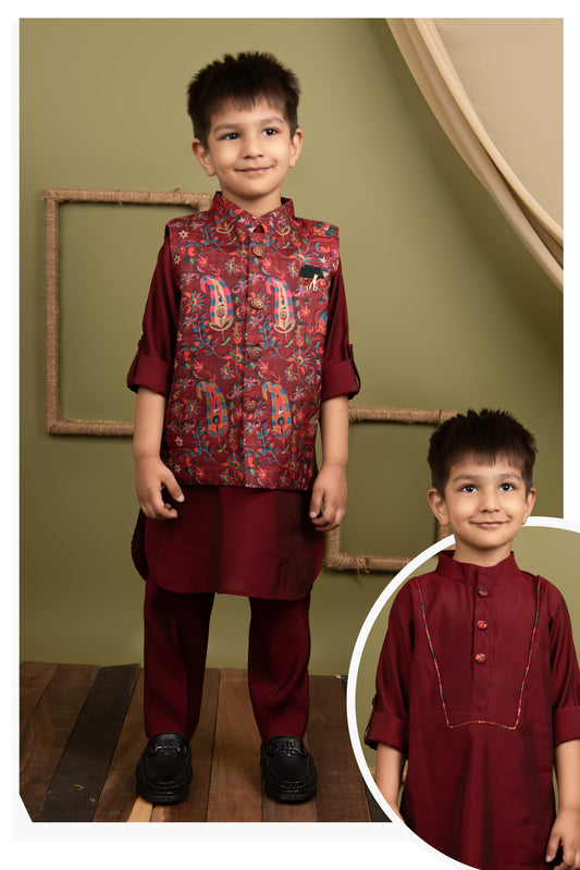 Silk Blended Woven Full Sleeves Floral Printed Nehru Jacket and Solid Kurta Pajama Ethnic Set- Maroon