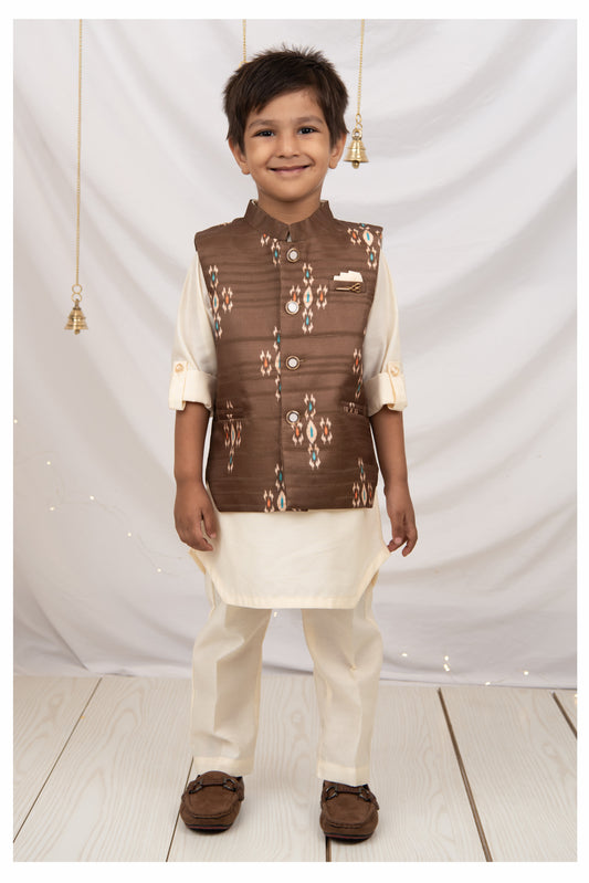 Brown Boys Ikat Printed Bright Ethnic Jacket Full Sleeves Kurta Pajama Set