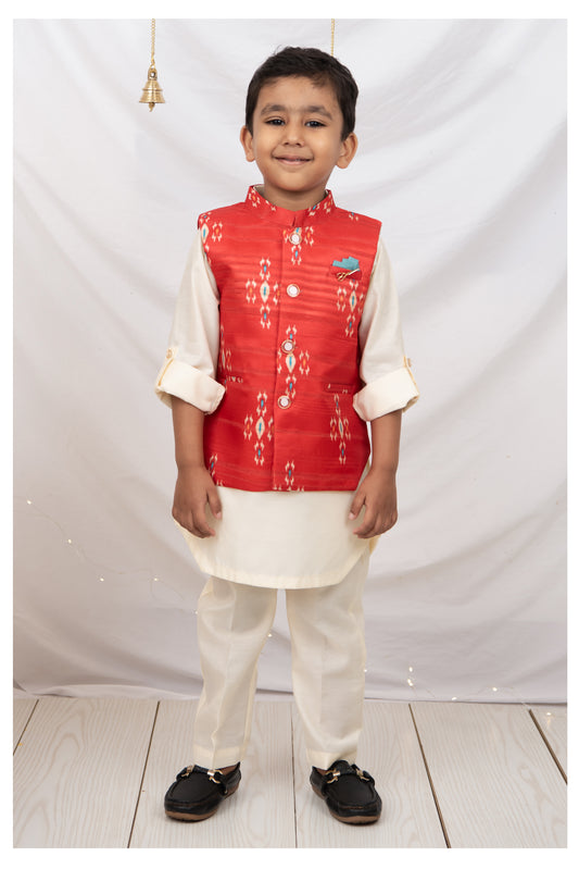 Red Boys Ikat Printed Bright Ethnic Jacket Full Sleeves Kurta Pajama Set