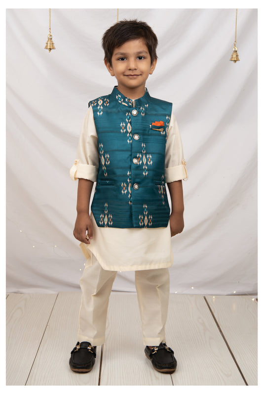 Teal Blue Boys Ikat Printed Bright Ethnic Jacket Full Sleeves Kurta Pajama Set