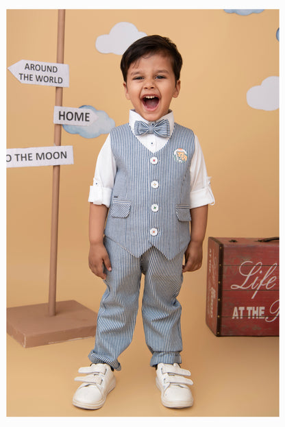 Cotton Woven Full Sleeves Striped Animal Logo Waistcoat Jacket Pant with Solid Shirt & Bow Coord Set- Blue