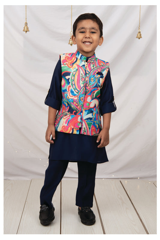 Silk Blend  Woven Full Sleeves Abstract Printed Ethnic Jacket Kurta Pajama Set - Navy