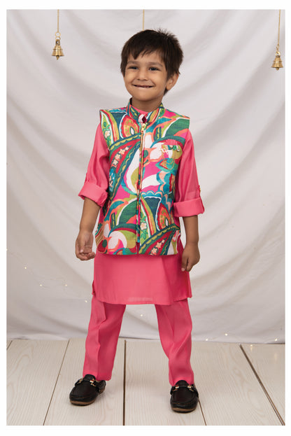 Silk Blend Woven Full Sleeves Abstract Printed Ethnic Jacket Kurta Pajama Set - Pink