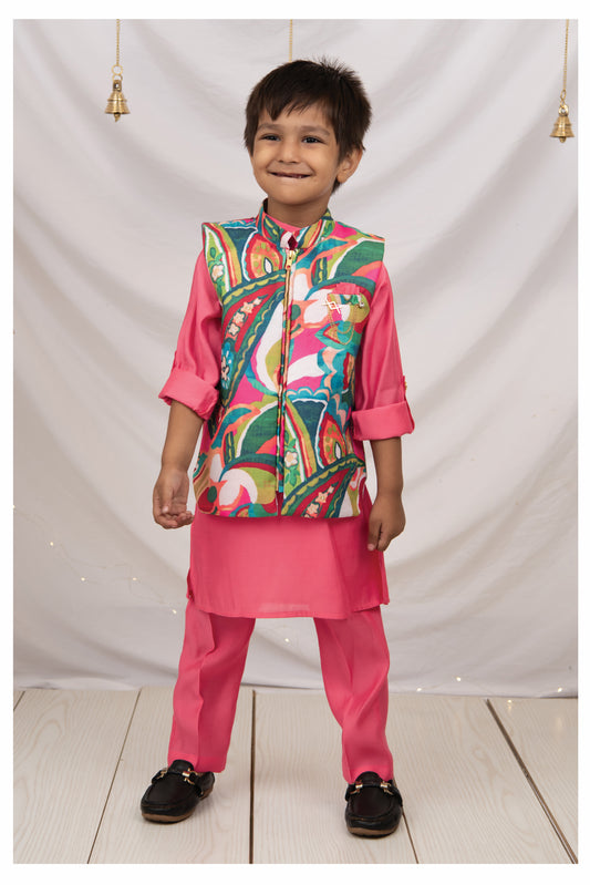 Silk Blend Woven Full Sleeves Abstract Printed Ethnic Jacket Kurta Pajama Set - Pink