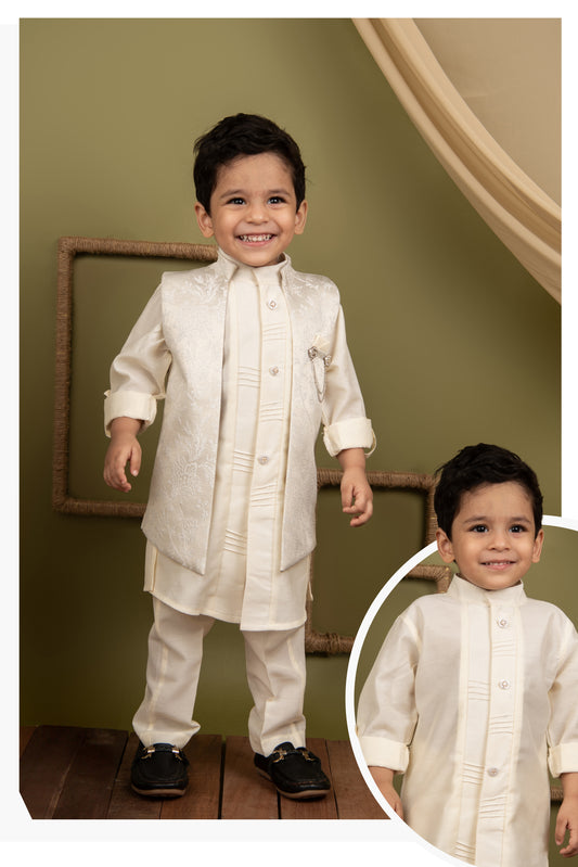 Cream Boys Festive Jaquard Soft Ethnic Jacket Full Sleeves Kurta Pajama Set
