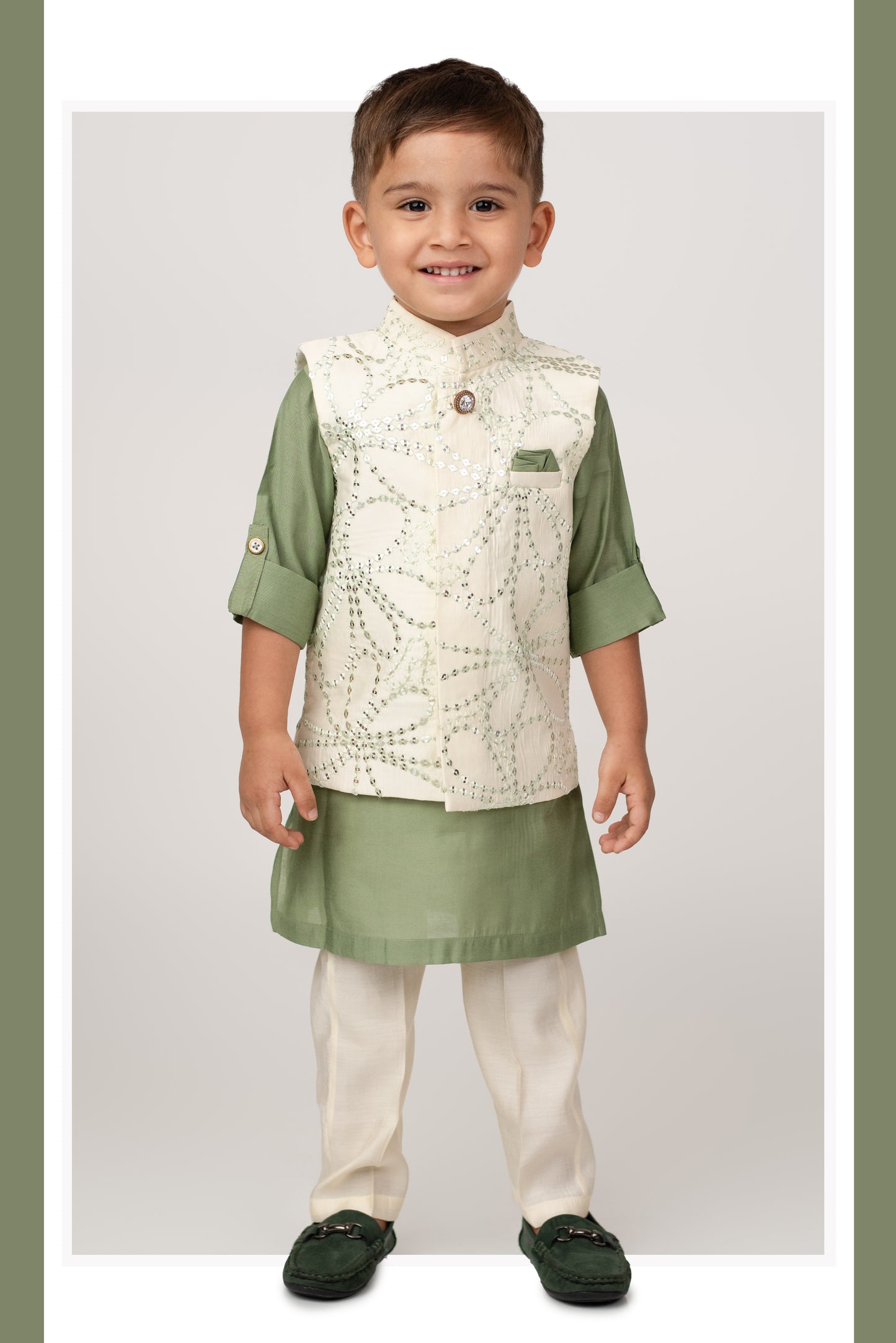 Green Silk Blend Soft Festive Sequins and Thread  Embroidered Nehru Jacket Bright Full Sleeves Kurta Pajama Ethnic Set