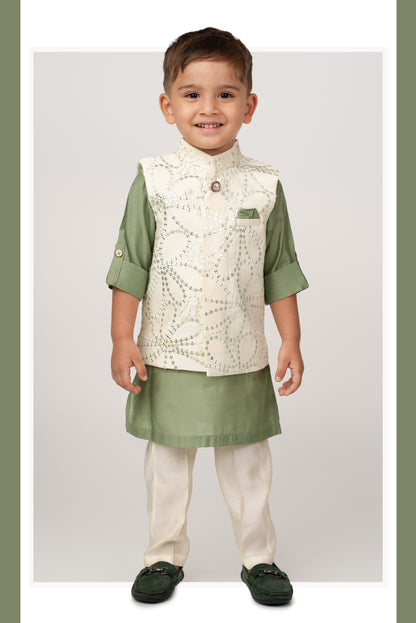 Green Silk Blend Soft Festive Sequins and Thread  Embroidered Nehru Jacket Bright Full Sleeves Kurta Pajama Ethnic Set