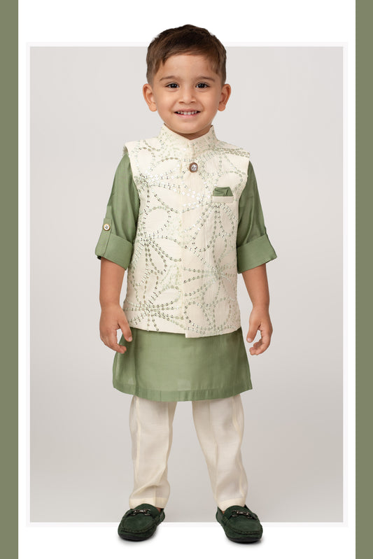 Green Silk Blend Soft Festive Sequins and Thread  Embroidered Nehru Jacket Bright Full Sleeves Kurta Pajama Ethnic Set