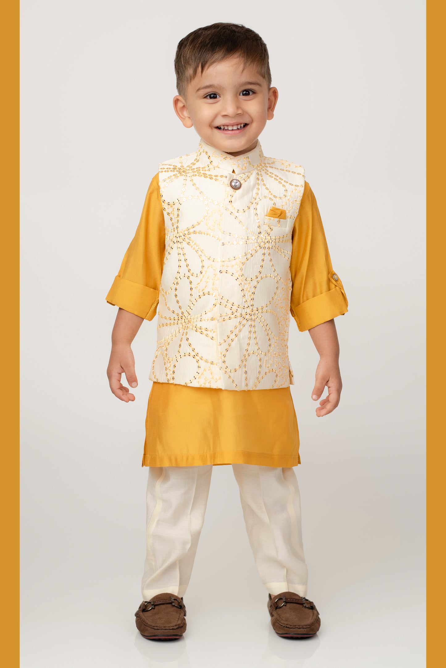 Rakhi Special Boys Mustard Silk Blend Soft Festive Sequins and Thread  Embroidered Nehru Jacket Bright Full Sleeves Kurta Pajama Ethnic Set