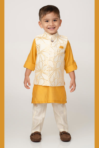 Rakhi Special Boys Mustard Silk Blend Soft Festive Sequins and Thread  Embroidered Nehru Jacket Bright Full Sleeves Kurta Pajama Ethnic Set