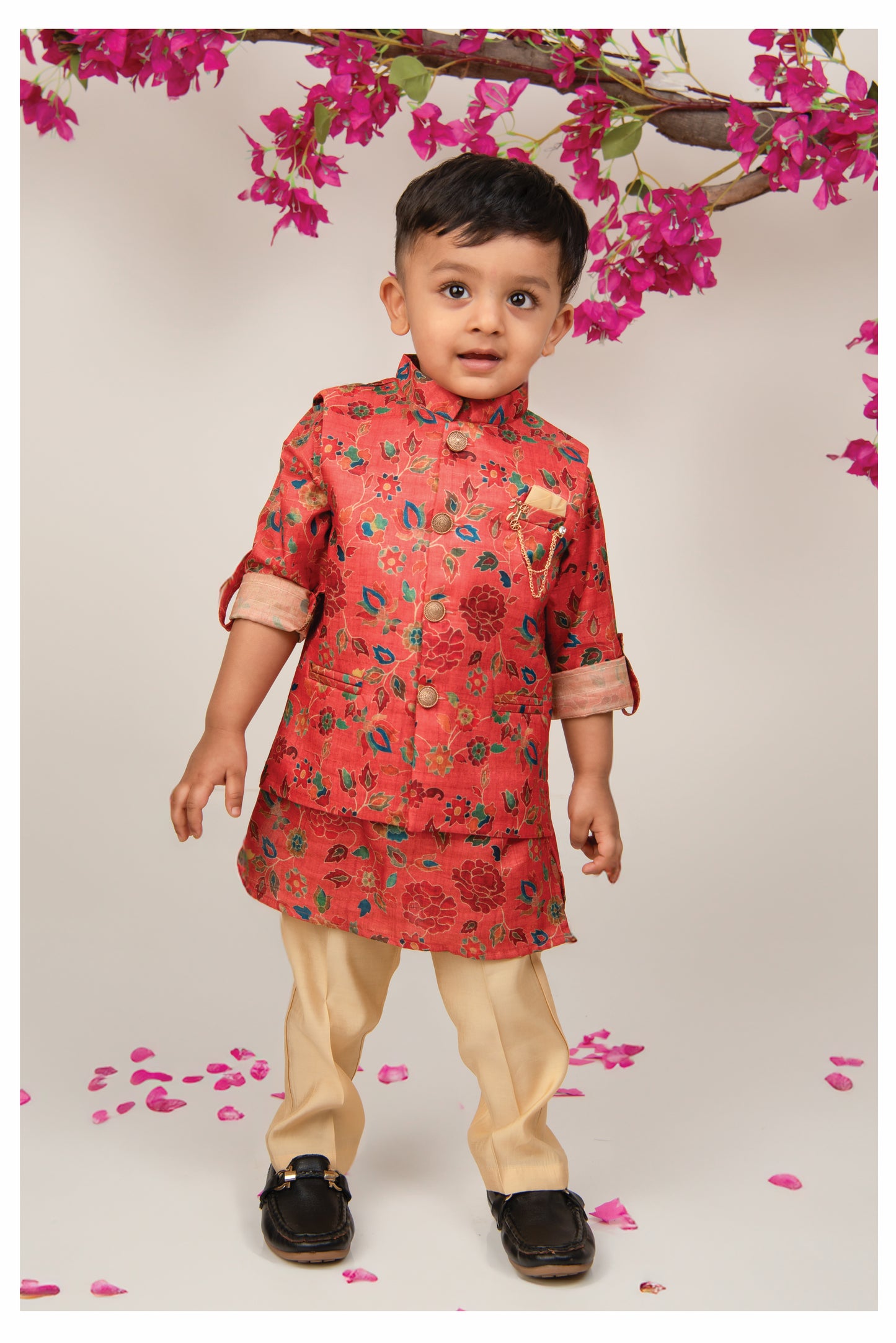 Silk Blend Woven Full Sleeves Festive Floral Ethnic Nehru Jacket Kurta and Pajama Set with Brooch - Rust