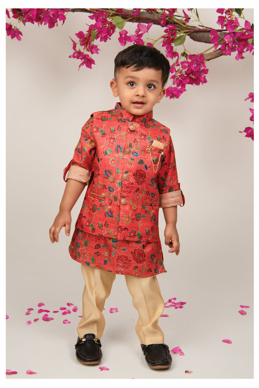 Silk Blend Woven Full Sleeves Festive Floral Ethnic Nehru Jacket Kurta and Pajama Set with Brooch - Rust