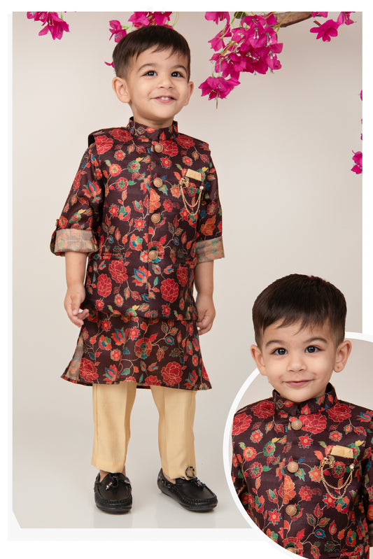 Silk Blend Woven Full Sleeves Festive Floral Ethnic Nehru Jacket Kurta and Pajama Set with Brooch - Wine