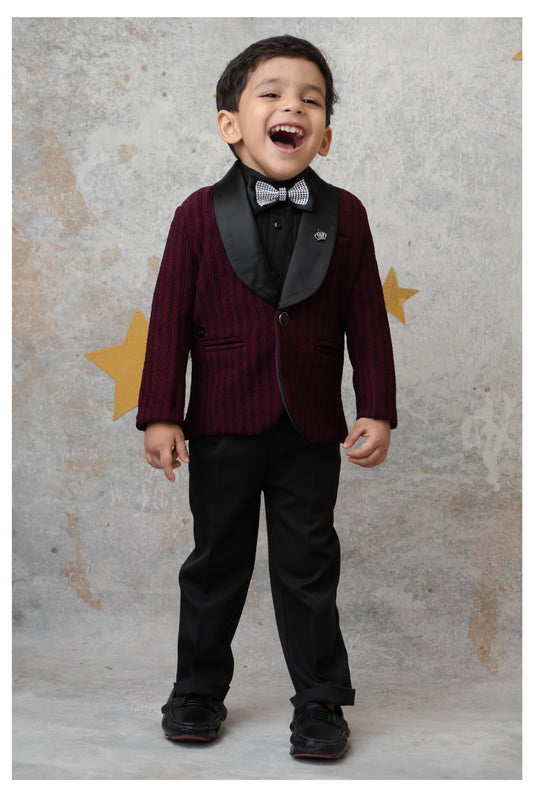 Blended Jacquard Woven Full Sleeves Striped Coat Pant with Tuxedo Shirt Bow and Brooch Formal Coat Set- Maroon