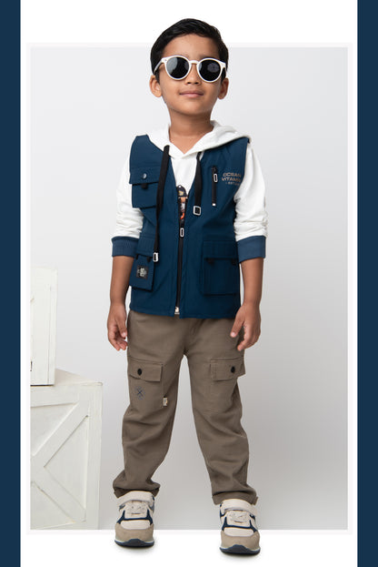 Blended Woven Technical Jacket Gilet with Utility Multi Pockets and Full Sleeves Hooded Teddy T-shirt and Trousers - Blue