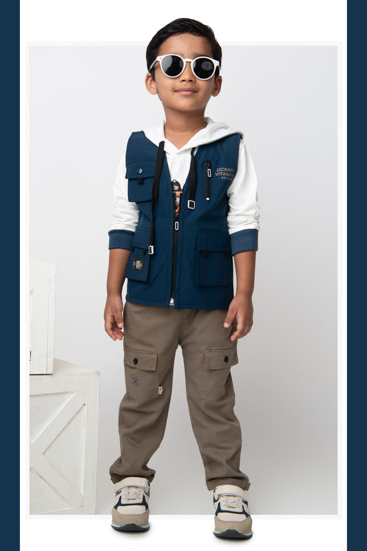 Blended Woven Technical Jacket Gilet with Utility Multi Pockets and Full Sleeves Hooded Teddy T-shirt and Trousers - Blue