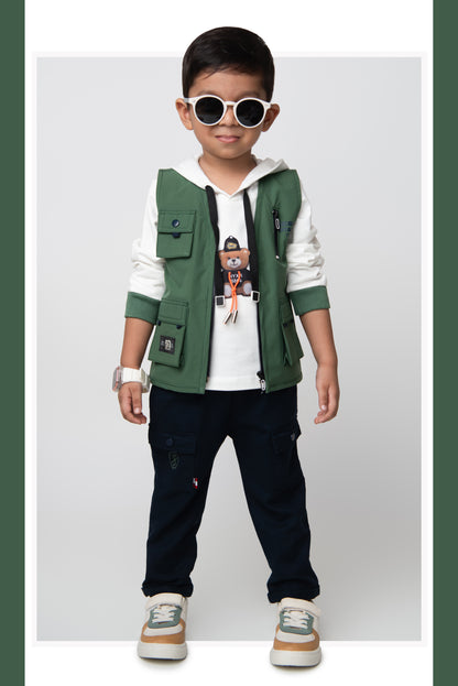 Blended Woven Technical Jacket Gilet with Utility Multi Pockets and Full Sleeves Hooded Teddy T-shirt and Trousers - Green