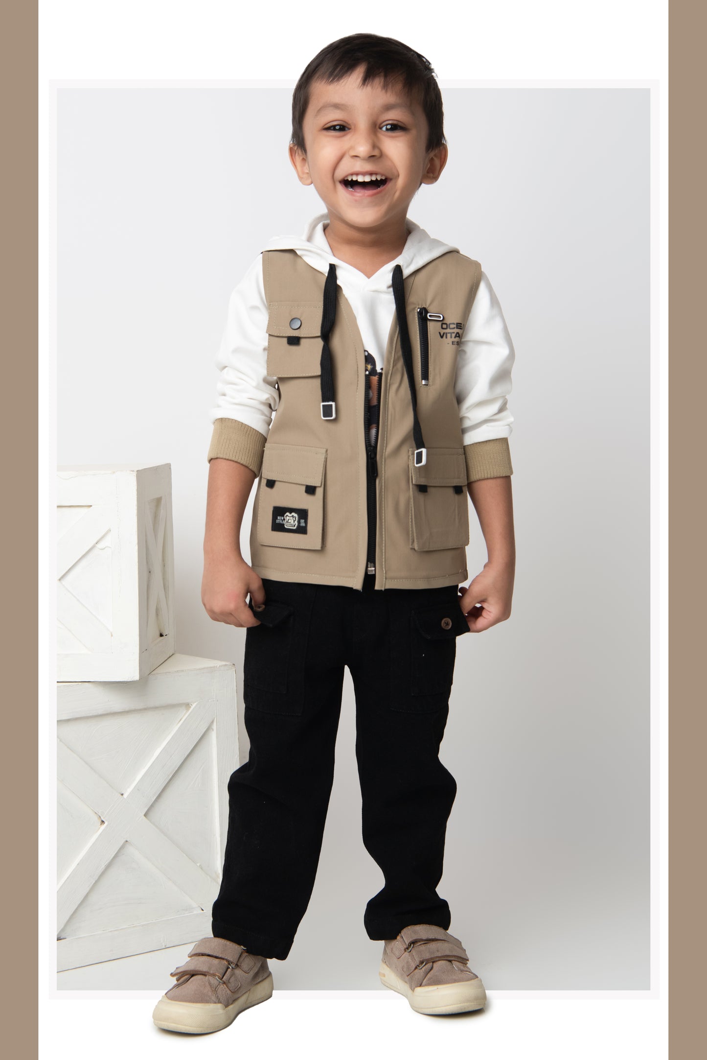 Blended Woven Technical Jacket Gilet with Utility Multi Pockets and Full Sleeves Hooded Teddy T-shirt and Trousers - Khaki