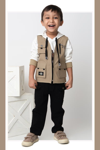 Blended Woven Technical Jacket Gilet with Utility Multi Pockets and Full Sleeves Hooded Teddy T-shirt and Trousers - Khaki