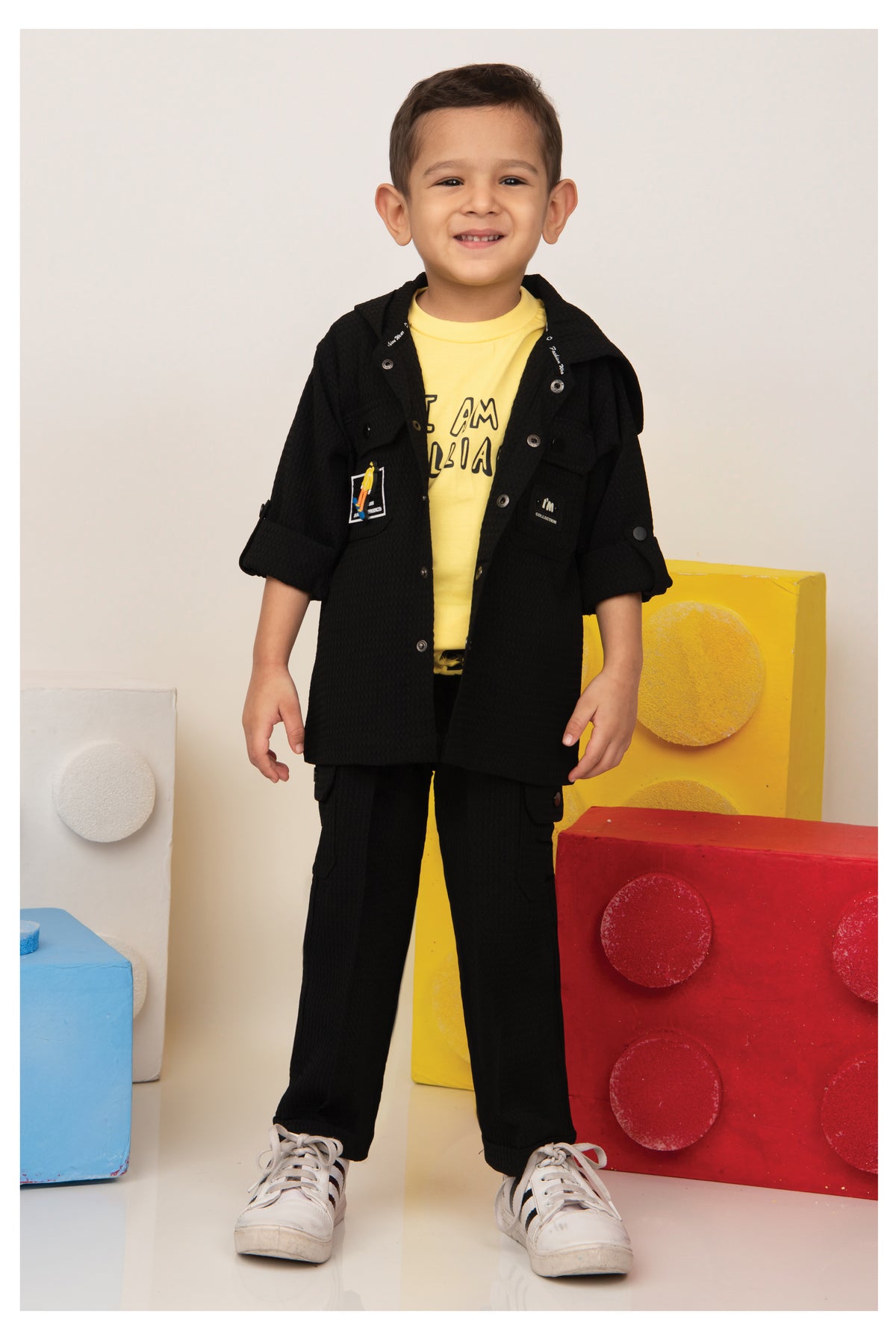 Solid Bright Jaquard Full Sleeves Woven Airport Look Coord with Tshirt Casual Co-ord Set - Black