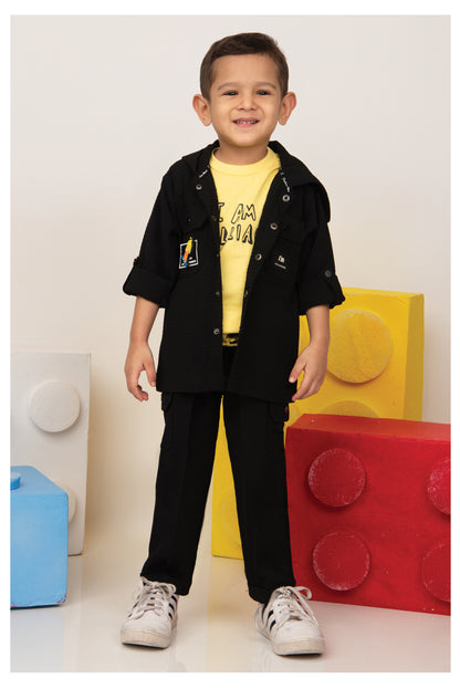 Solid Bright Jaquard Full Sleeves Woven Airport Look Coord with Tshirt Casual Co-ord Set - Black