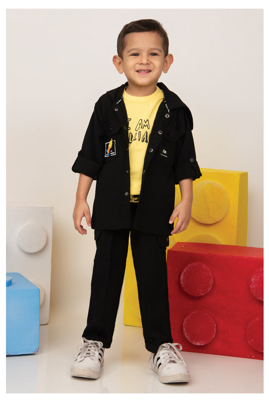Solid Bright Jaquard Full Sleeves Woven Airport Look Coord with Tshirt Casual Co-ord Set - Black
