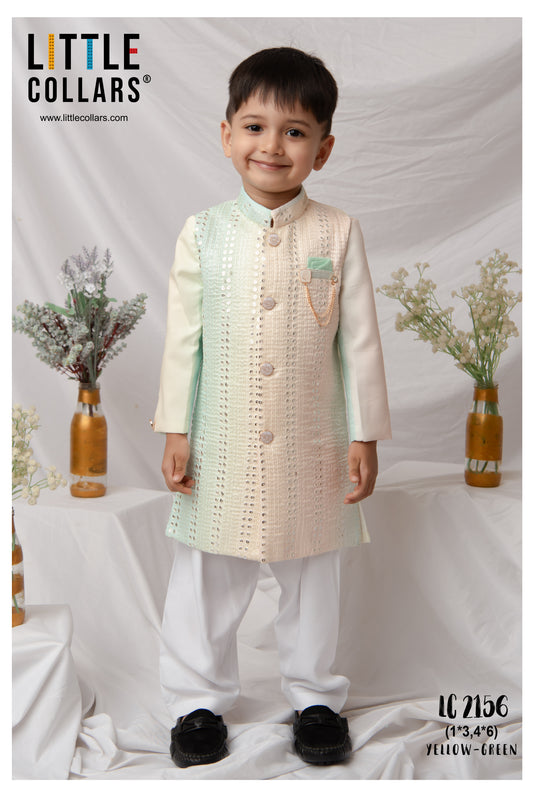 Blended Silk Full Sleeves Self Texture Ombre heavy Embroidered Achkan Bandhgala with Patiala and Brooch Ethnicwear Set- Green