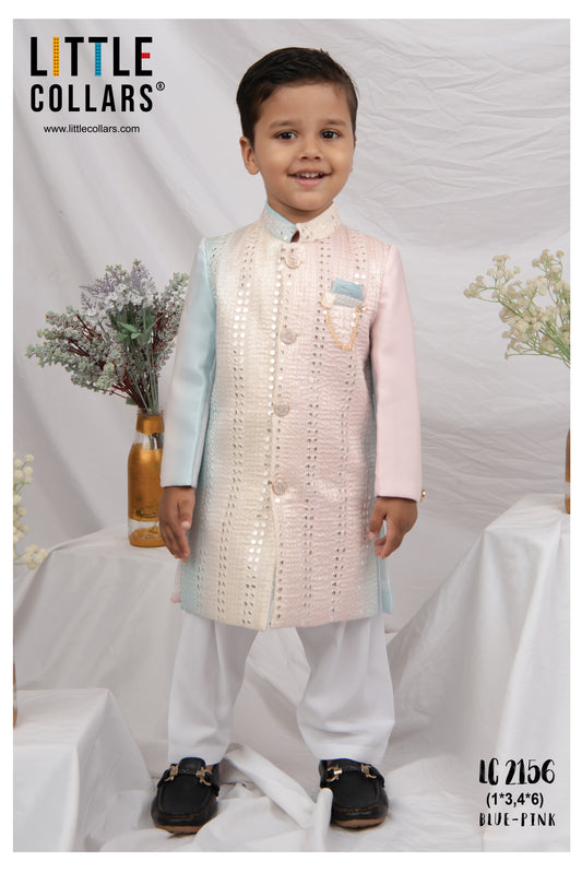 Blended Silk Full Sleeves Self Texture Ombre heavy Embroidered Achkan Bandhgala with Patiala and Brooch Ethnicwear Set- Blue