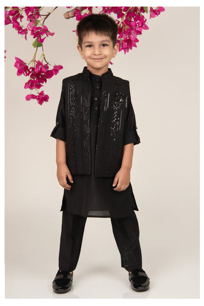 Silk Blend Woven Full Sleeves Pack of 4 Solid Kurta Pyjama With Sequin Embroidered Open Jacket and Brooch Pin Ethnic Set- Black